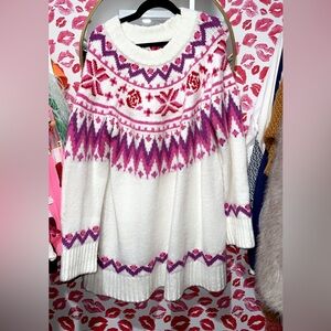 Cozy Knit Sweater Dress with Pink and Purple Patterns